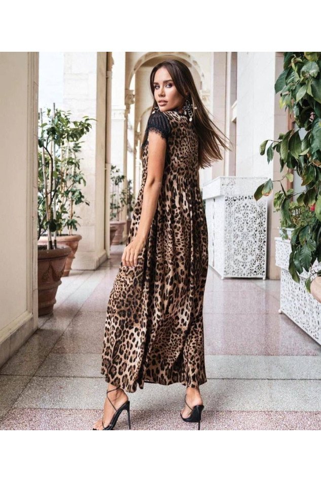 Kadın Leopar Desenli Dantelli Jesica Kumaş Maxi Boy Elbise