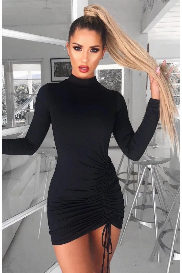 Kadın Uzun Kol Sağ Belden Sol Etek Ucuna Doğru Hafif çapraz Büzgülü Sandy Mini Boy Elbise