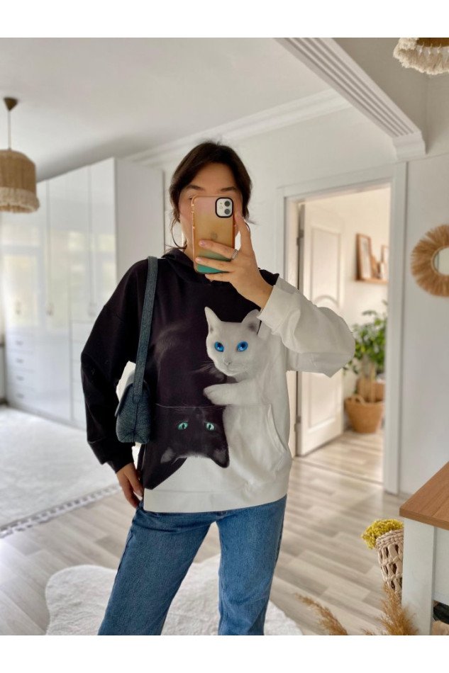 Kadın Uzun Kollu Kapşonlu Bağcıklı Kedi Desenli şardonlu Dalgıç Bluz