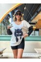 Kadın Uzun Kollu V Yakalı Kedi Baskılı şardonlu Dalgıç Bluz