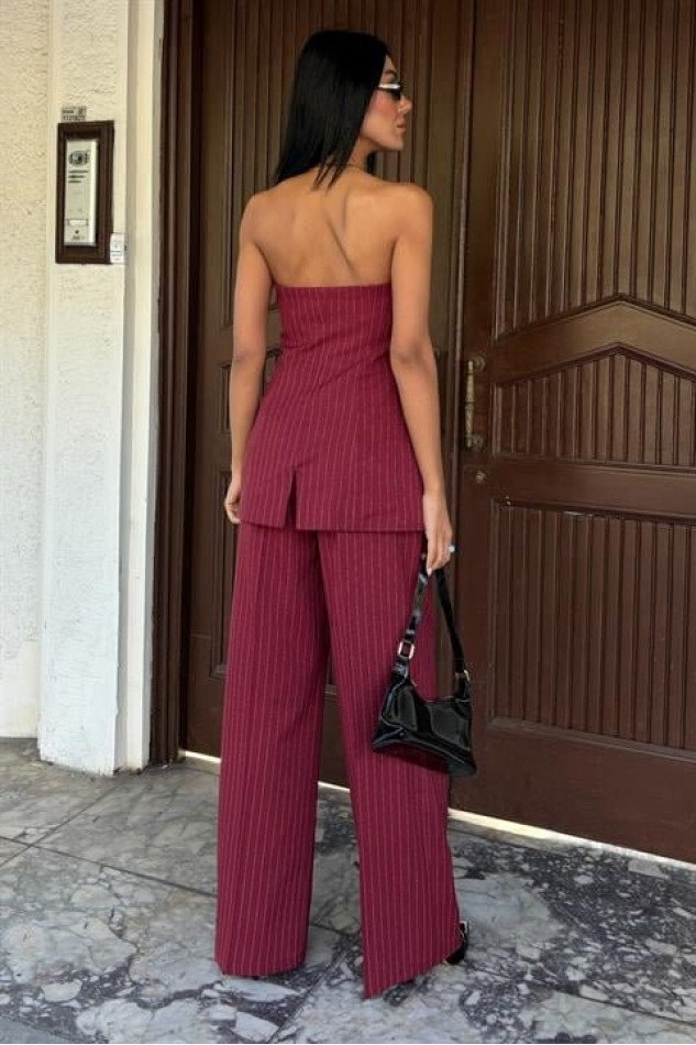 Straplez Büstiyer Ve Palazzo Pantolon Çizgili Takım 10005