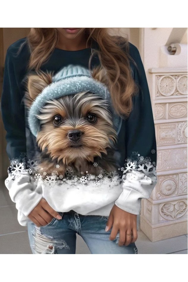 Kadın Uzun Kollu Bisiklet Yaka Köpek Baskılı şardonlu Dalgıç Bluz