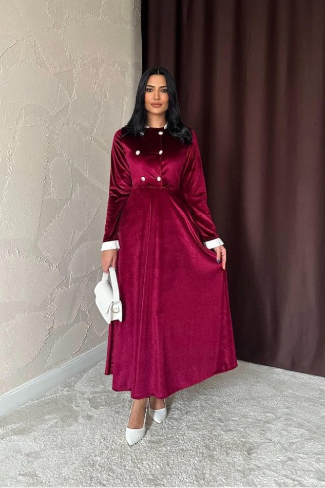 Bordo Yakası Taşlı Garnili Kadife Elbise