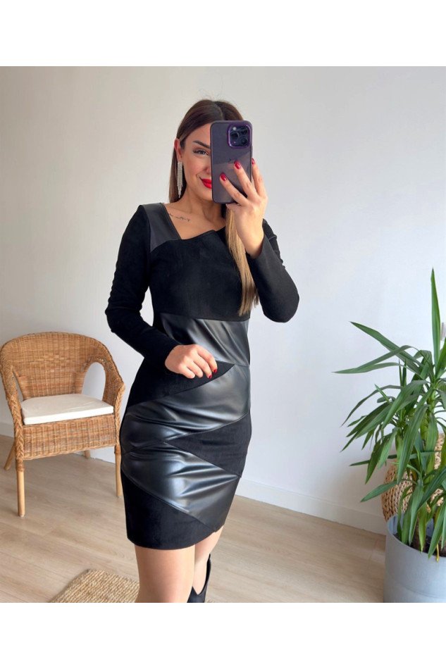 Kadın Uzun Kollu Asimetrik Yaka Süet Ve Deri Mini Boy Elbise