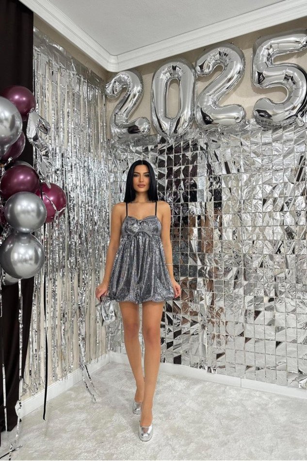 Gri Önü Fiyonklu Balon Elbise