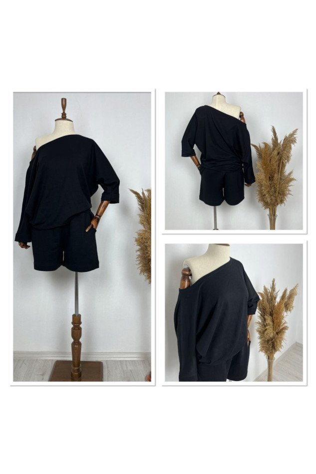 Kadın Kayık Yaka Oversize Asimetrik Bluz Ve şort Iki Iplik Takım