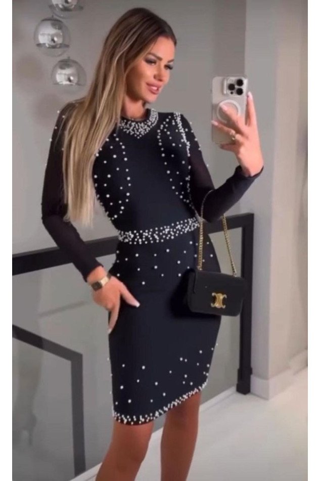 Kadın Ottoman Kumaş Kolları Tül Ve Inci Detaylı Mini Boy Elbise