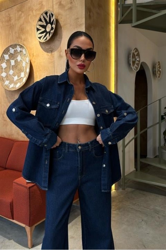 Gömlek Ve Palazzo Pantolon Klasik Denim Takım 10070