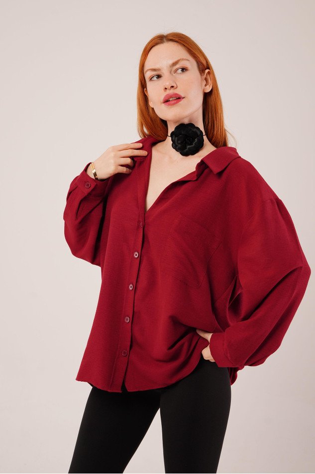 Basic Oversize Bordo Gömlek