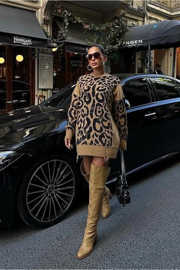 Leopar Desenli Yırtık Detaylı Kazak 1344