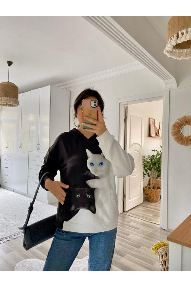Kadın Uzun Kollu Kapşonlu Bağcıklı Kedi Desenli şardonlu Dalgıç Bluz