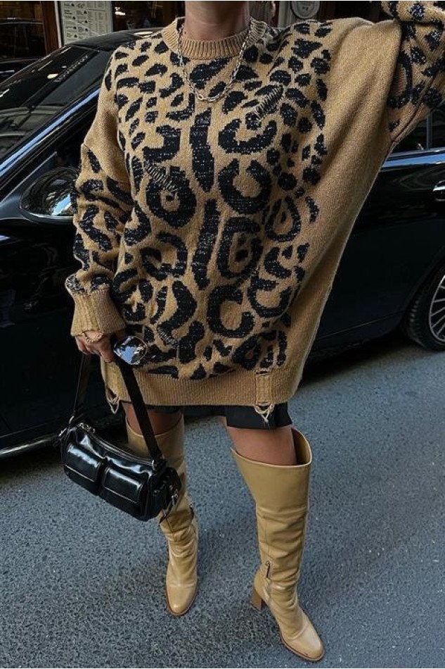 Leopar Desenli Yırtık Detaylı Kazak 1344
