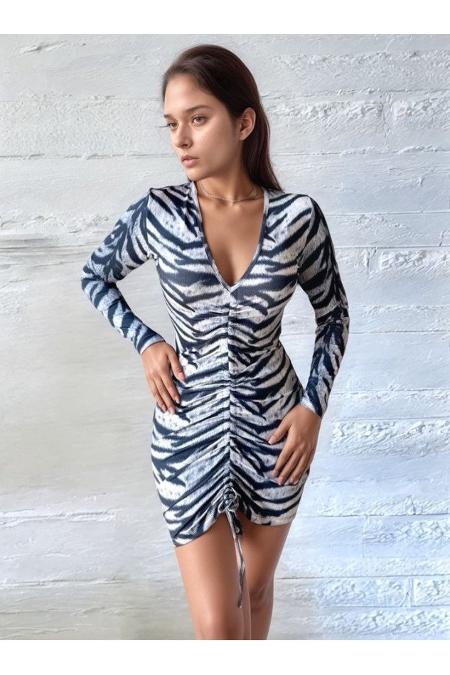 Kadın V Yaka önü Asansör Büzgü Detay Fırsat ürün Zebra Mini Elbise