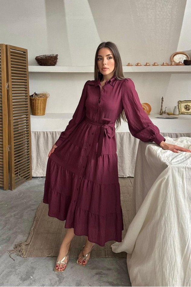 Bordo Çizgi Desenli Uzun Elbise
