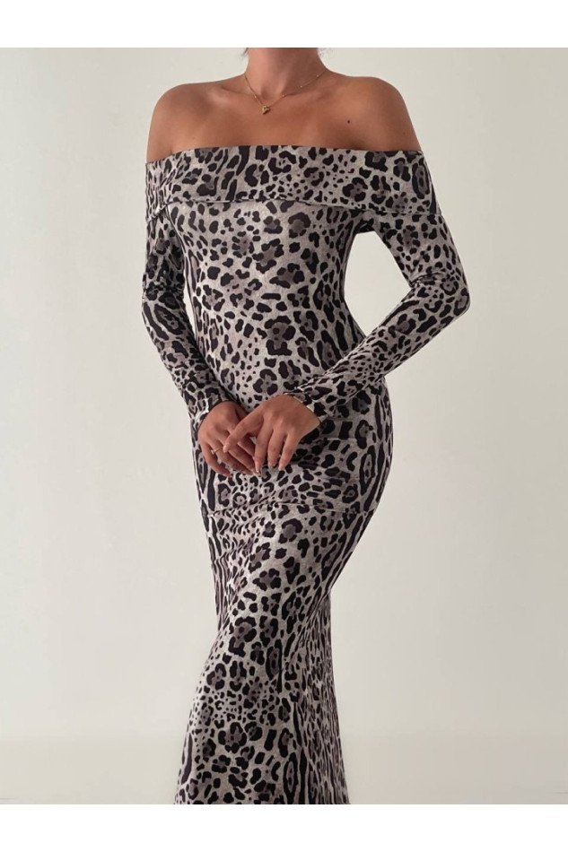 Kadın Madonna Yaka Dalgıç Kumaş Leopar Desen Maxi Boy Derin Yırtmaçlı Elbise
