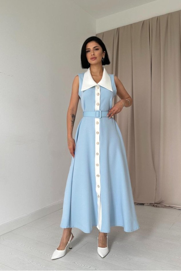 Bebe Mavi Geniş Yakalı Halter Kollu Elbise