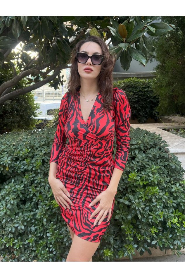 Kadın Uzun Kollu Kruvaze Yaka ön Kısım Büzgülü Zebra Desen Dalgıç Elbise