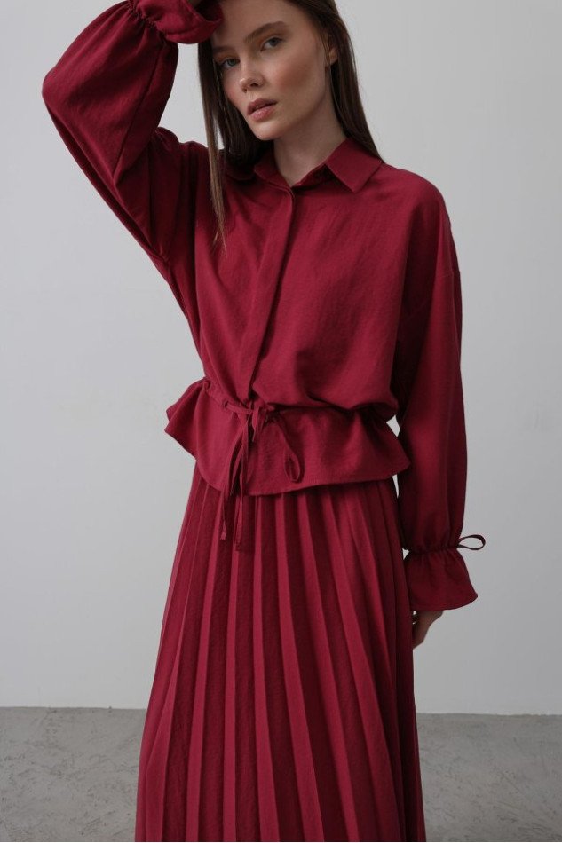 Bel Detaylı Bluz Pileli Etek - Bordo