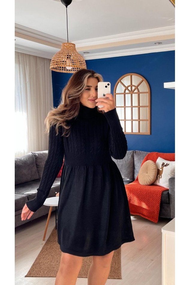 Kadın Uzun Kollu Balıkçı Yaka Belden Yaka Belden Büzgülü Kısa Triko Elbise