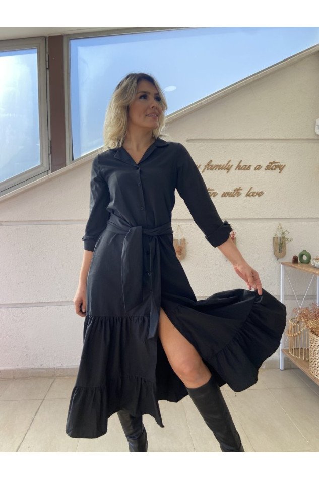 Kadın Uzun Kollu Eteği Fırfırlı Beli Kuşaklı Trikoton Tam Boy Gömlek Elbise