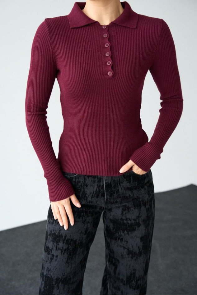 Polo Yaka 6 Düğmeli Kazak - Bordo