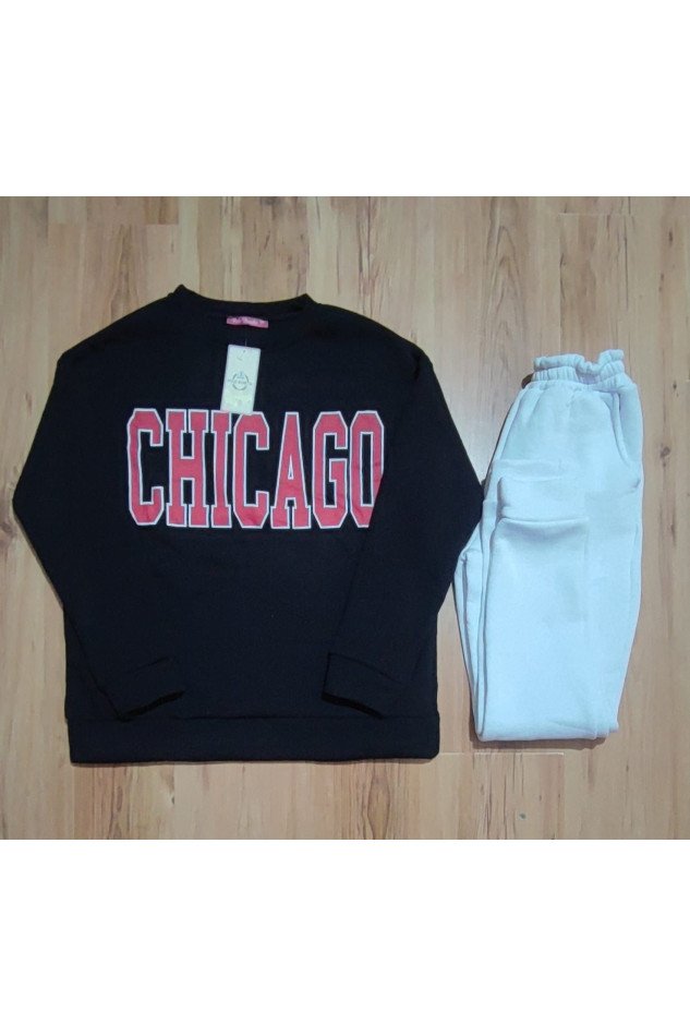 Kadın İçi Polarlı Üç İplik Kumaş Chicago Baskılı İkili Takım