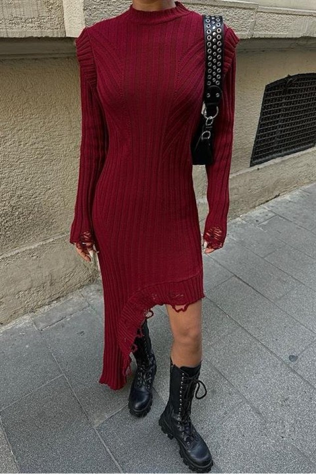 Asimetrik Detaylı Fitilli Triko Elbise 2824