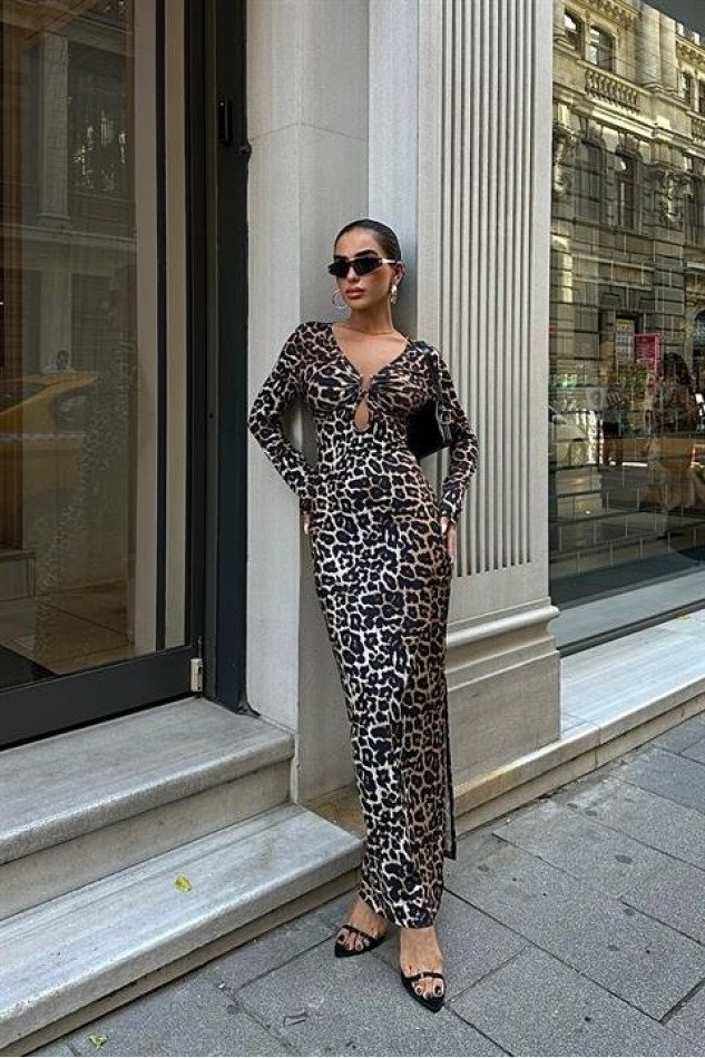 Halka Detaylı Leopar Desen Elbise 2823