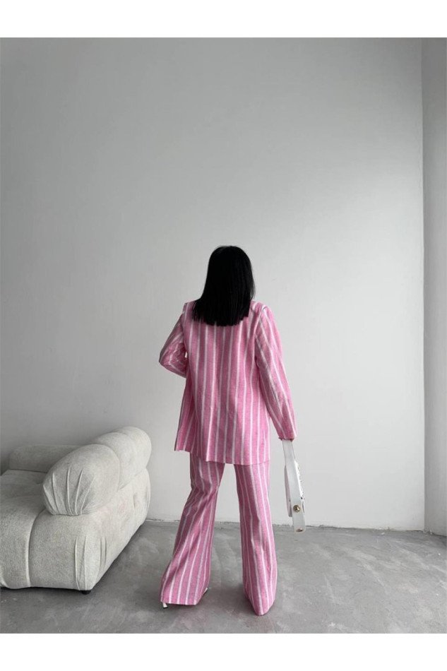 ÇİZGİLİ KETEN YELEK-PANTOLON TAKIM - Pembe