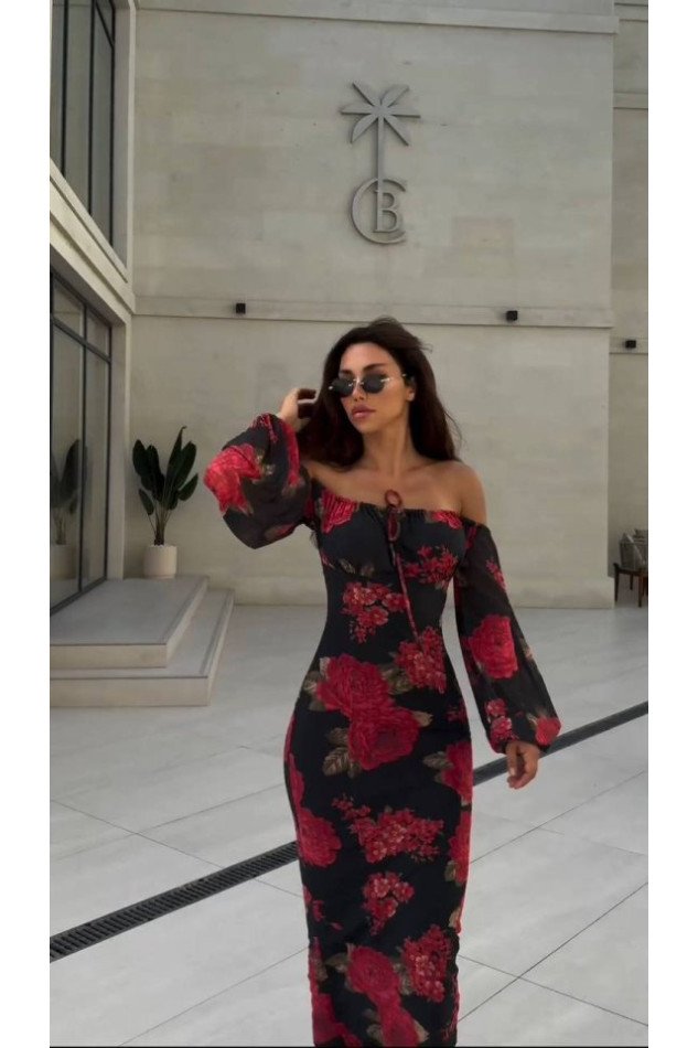Kadın Balon Kol çiçek Desenli Maxi Boy Straplez Elbise