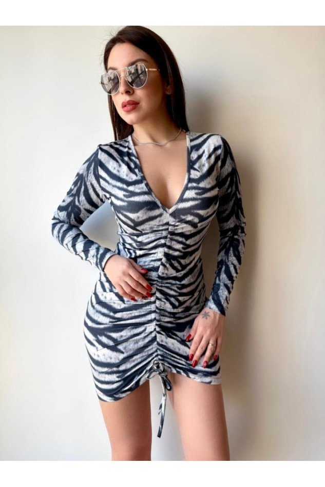 Kadın V Yaka önü Asansör Büzgü Detay Fırsat ürün Zebra Mini Elbise