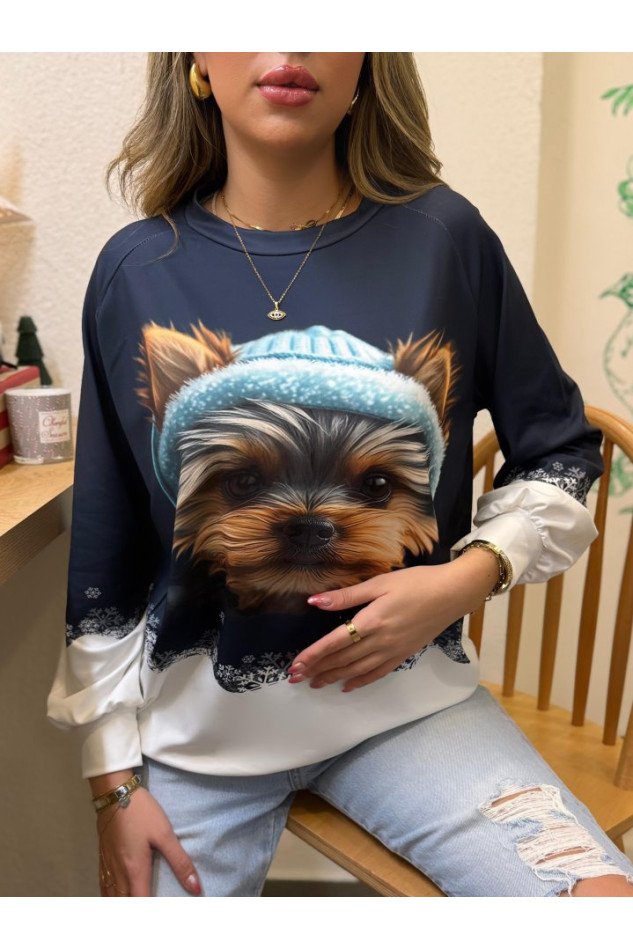 Kadın Uzun Kollu Bisiklet Yaka Köpek Baskılı şardonlu Dalgıç Bluz