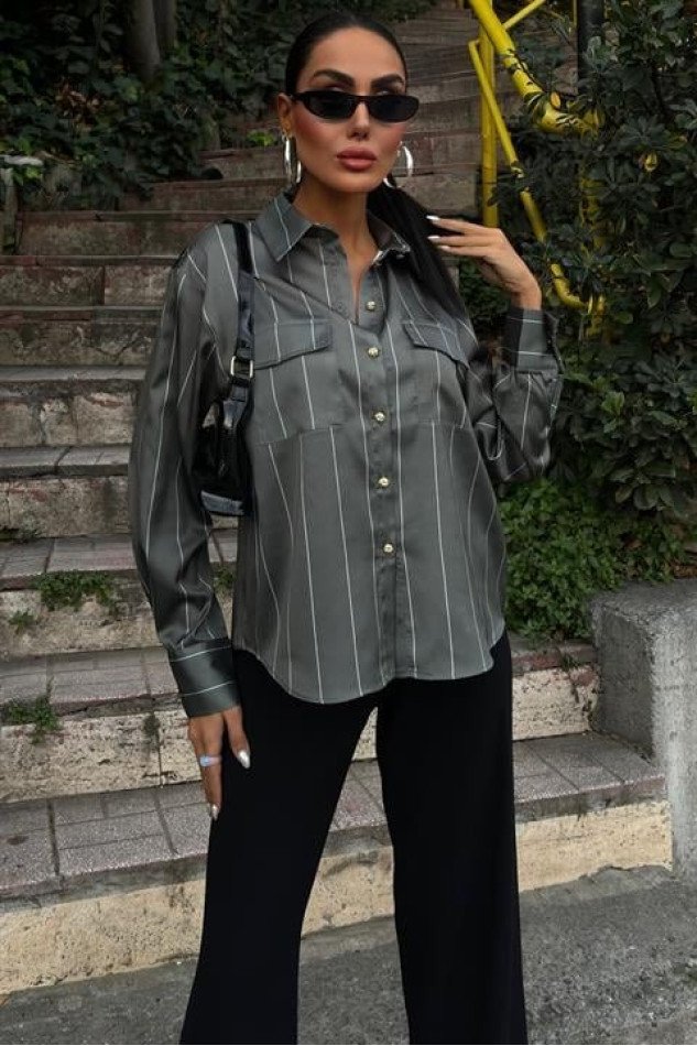 Chanel Saten Premium Çizgili Gömlek 3411