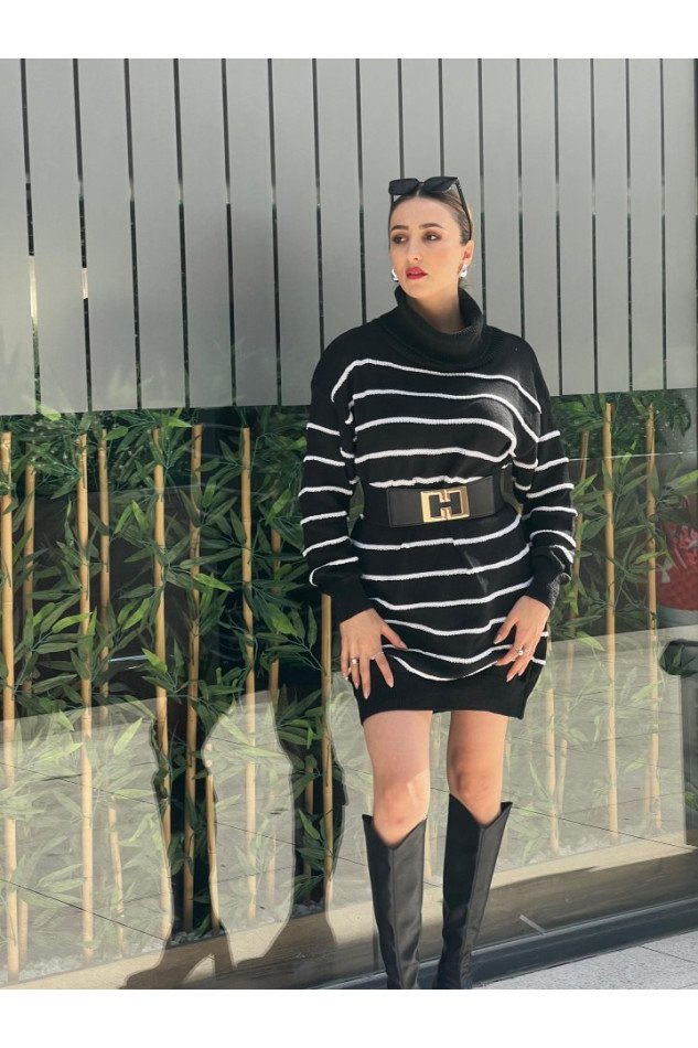 Kadın Uzun Kollu Degaje Yaka çizgili Sonya Iplik Mini Boy Triko Elbise (kemersiz)
