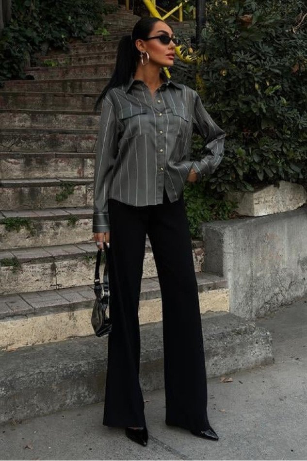 Chanel Saten Premium Çizgili Gömlek 3411