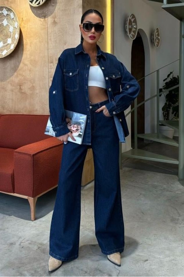Gömlek Ve Palazzo Pantolon Klasik Denim Takım 10070