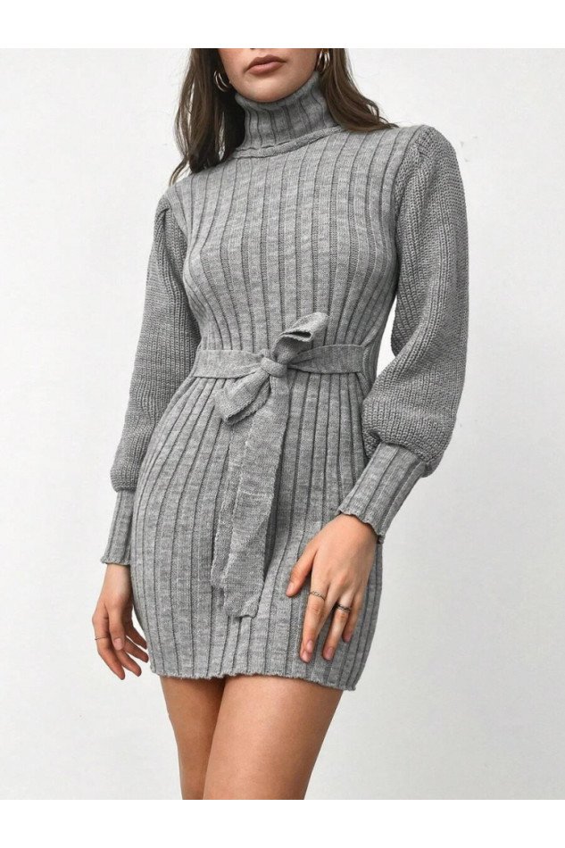 Kadın Uzun Kollu Balıkçı Yaka Beli Kuşaklı Mini Triko Elbise