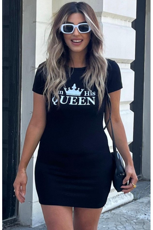 Kadın Kısa Kollu Queen Baskı Iki Iplik Mini Elbise