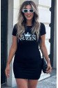Kadın Kısa Kollu Queen Baskı Iki Iplik Mini Elbise