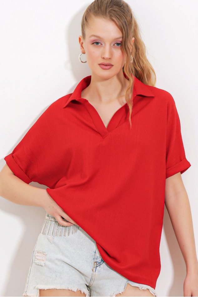 Kırmızı Oversize Polo Yaka Örme Bluz 0486