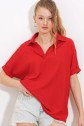 Kırmızı Oversize Polo Yaka Örme Bluz 0486