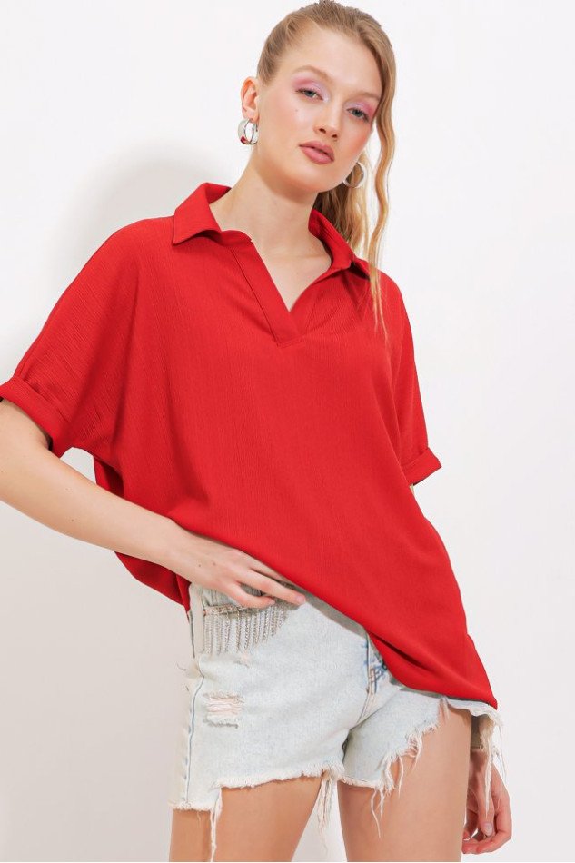 Kırmızı Oversize Polo Yaka Örme Bluz 0486