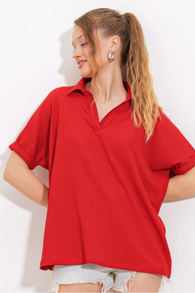 Kırmızı Oversize Polo Yaka Örme Bluz 0486