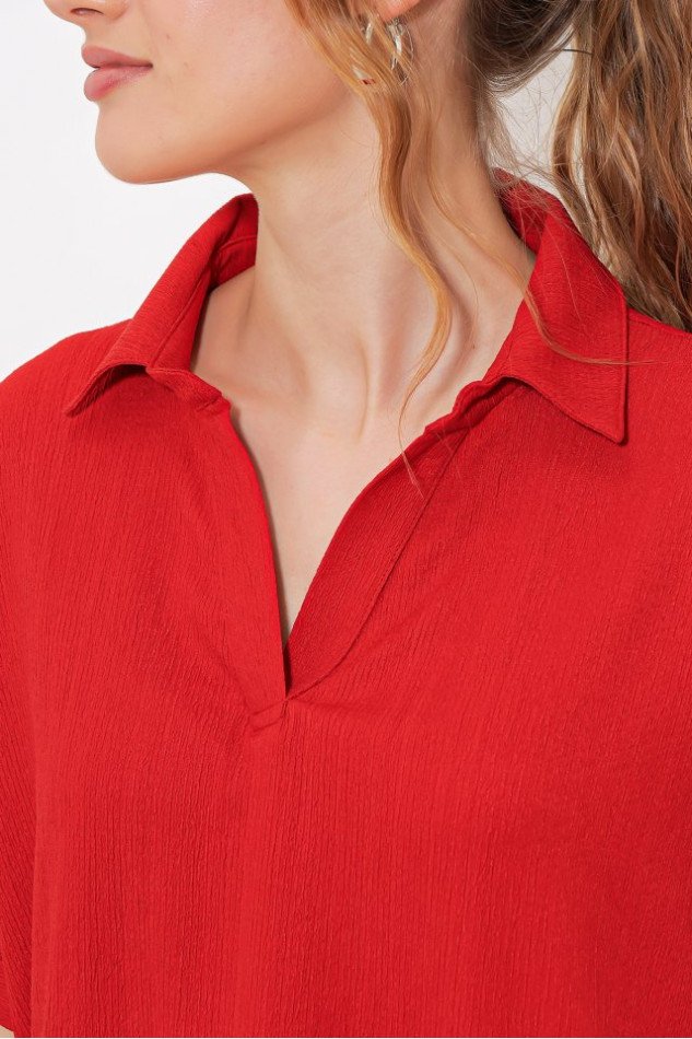 Kırmızı Oversize Polo Yaka Örme Bluz 0486