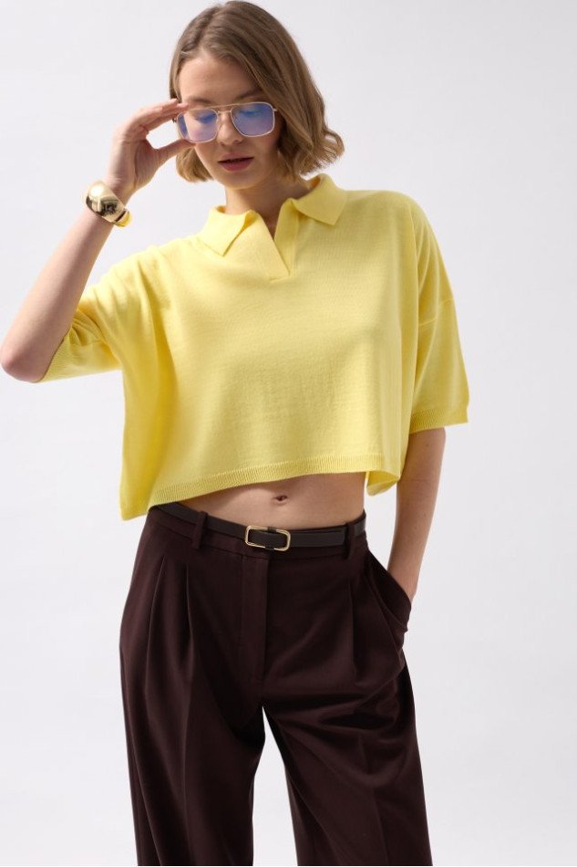 Polo Yaka Crop Dokulu Bluz