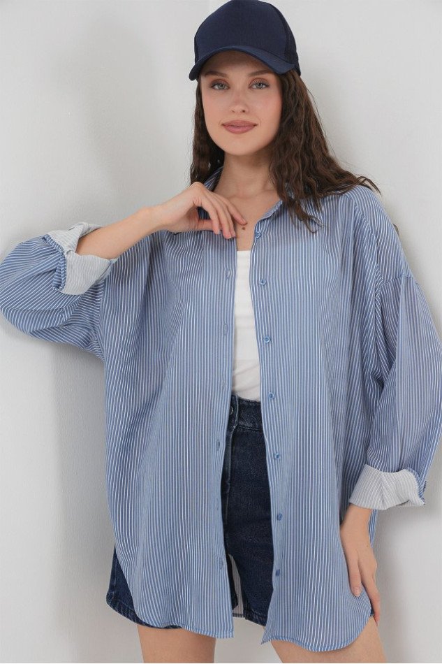 Çizgili Oversize Gömlek 20295 - İndigo