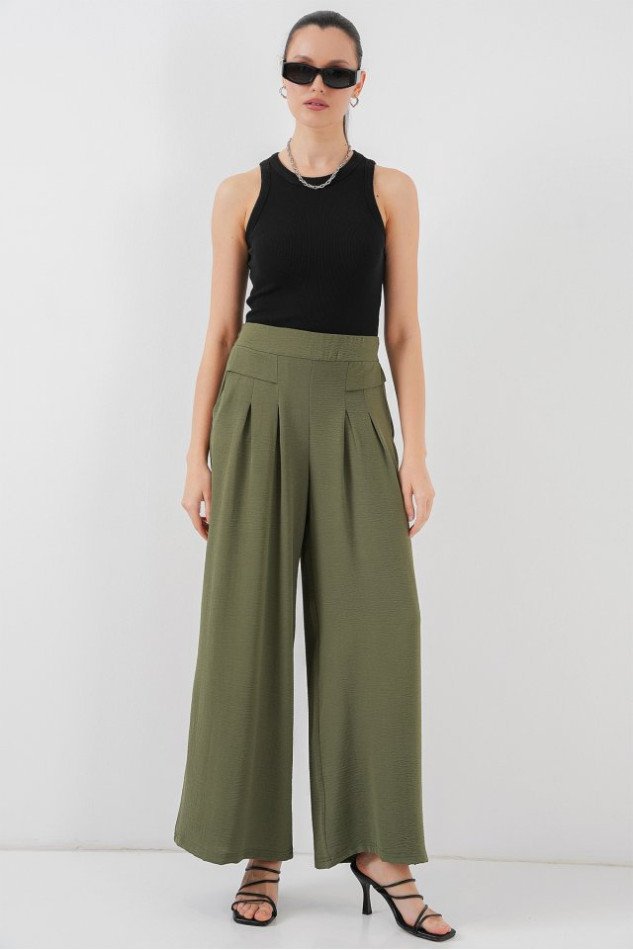 Geniş Paça Pileli Pantolon 6718 - Haki