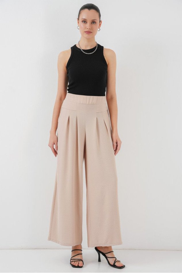 Geniş Paça Pileli Pantolon 6718 - Krem