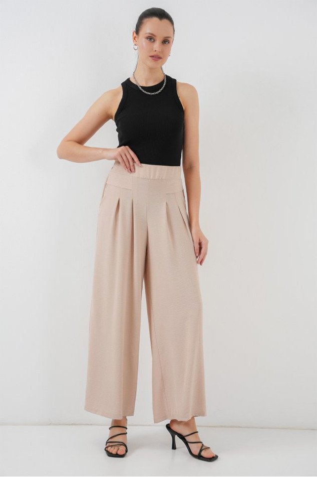 Geniş Paça Pileli Pantolon 6718 - Krem