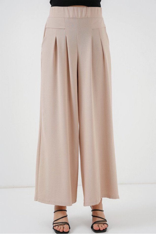 Geniş Paça Pileli Pantolon 6718 - Krem